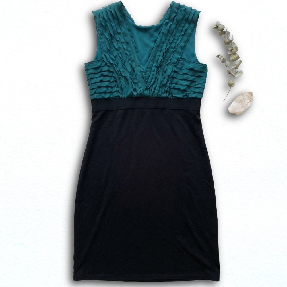 Womens Sleeveless Ruffle V-Neck Empire Waist Cocktail Dress Teal Black